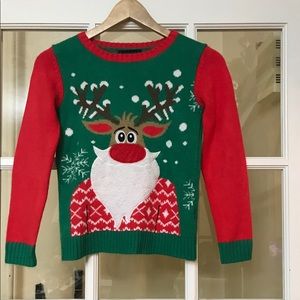 Medium Ugly Green and Red Christmas pull over sweater with Reindeer